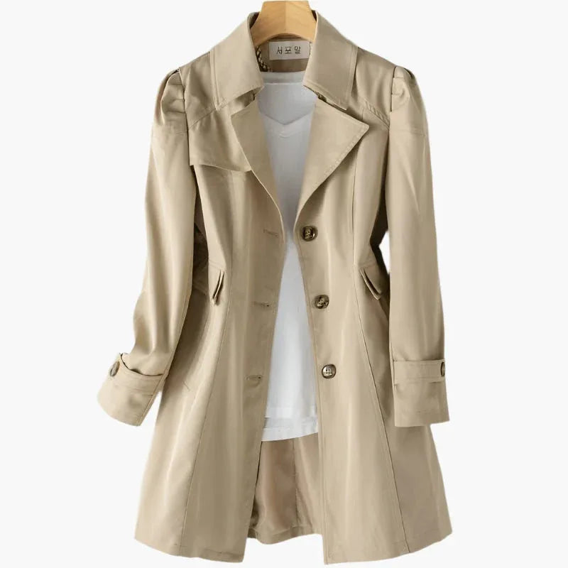 Women's Button Front Coat with Notched Collar and Cuff Tabs - Khaki