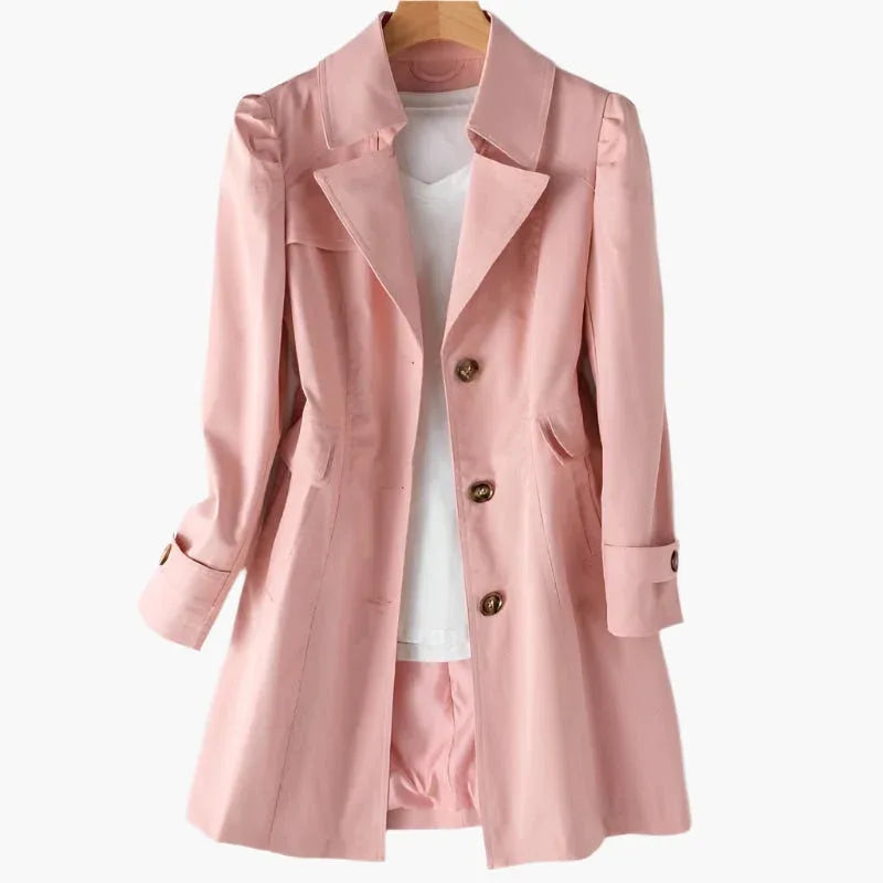 Women's Button Front Coat with Notched Collar and Cuff Tabs - Pink