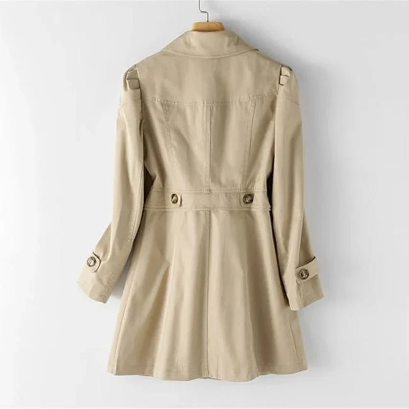 Women's Button Front Coat with Notched Collar and Cuff Tabs - Beige