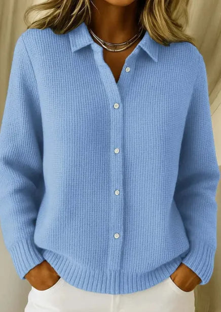 Women's Button Front Ribbed Cardigan with Shirt Collar - Blue