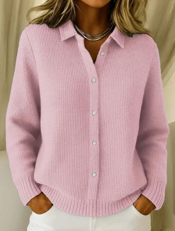 Women's Button Front Ribbed Cardigan with Shirt Collar - Pink