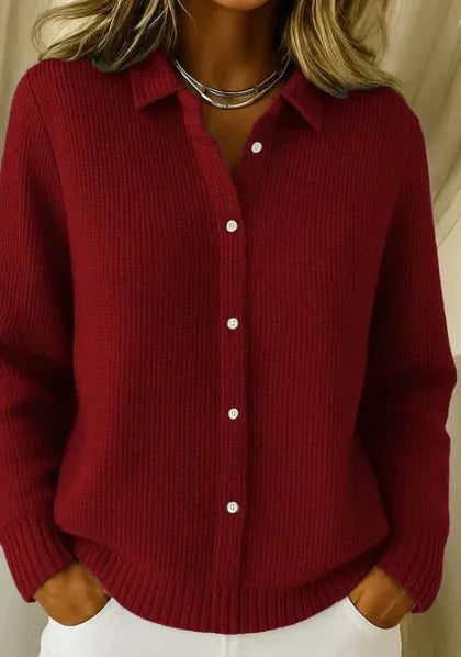 Women's Button Front Ribbed Cardigan with Shirt Collar - Dark Red