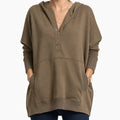 Women's Button Neck Pullover with Kangaroo Pocket - Brown