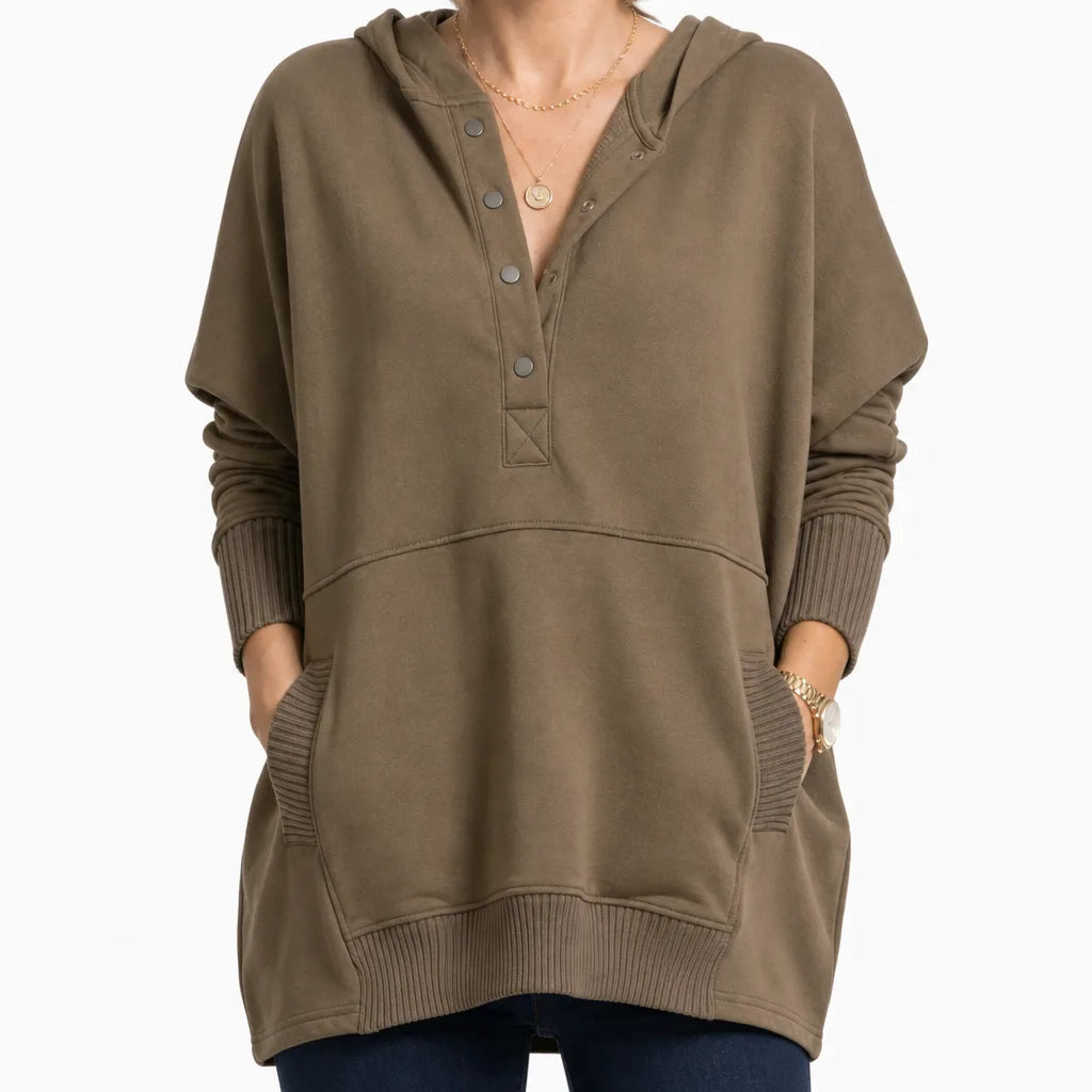 Women's Button Neck Pullover with Kangaroo Pocket - Brown