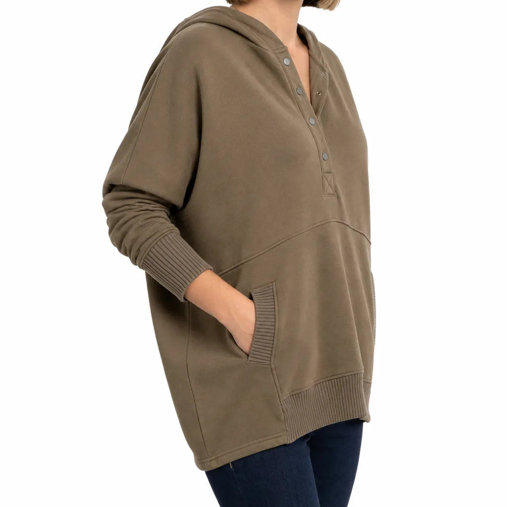 Women's Button Neck Pullover with Kangaroo Pocket - Brown