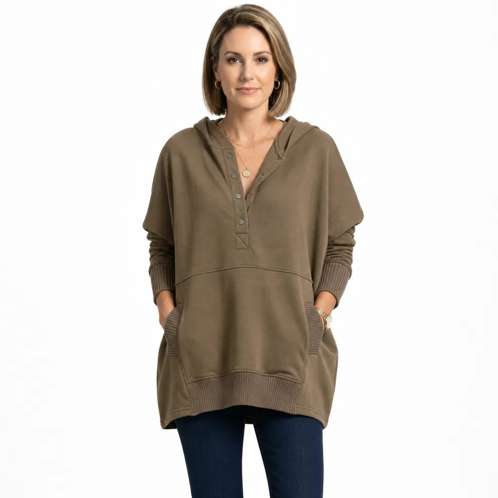 Women's Button Neck Pullover with Kangaroo Pocket - Brown