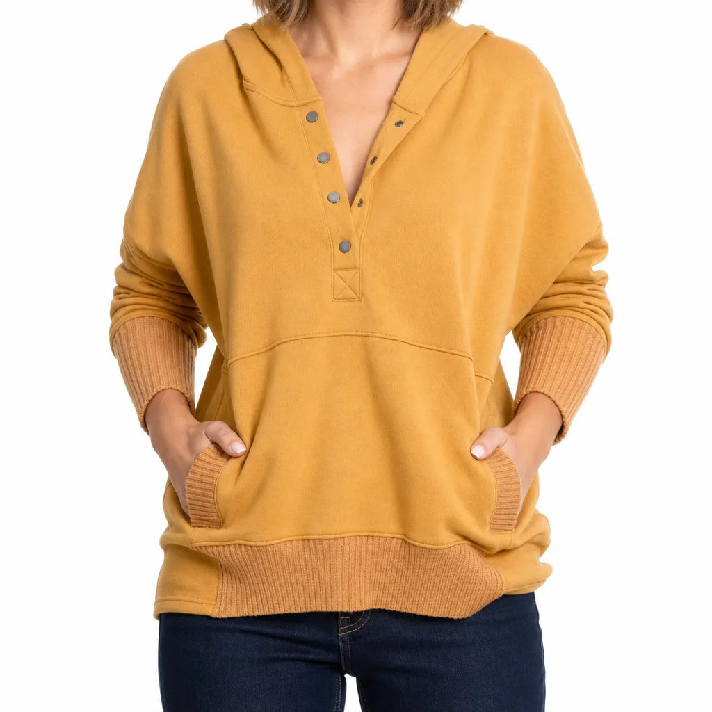 Women's Button Neck Pullover with Kangaroo Pocket - Beige
