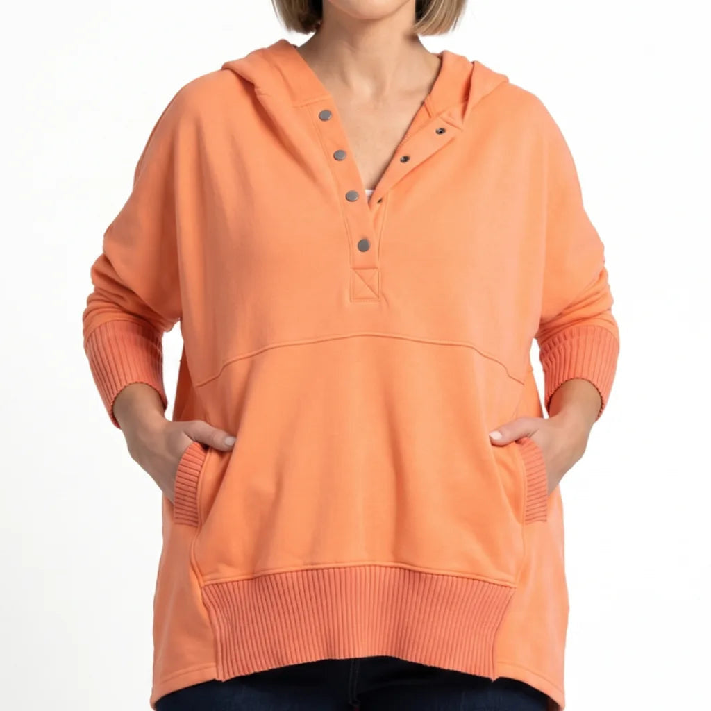 Women's Button Neck Pullover with Kangaroo Pocket - Orange Red