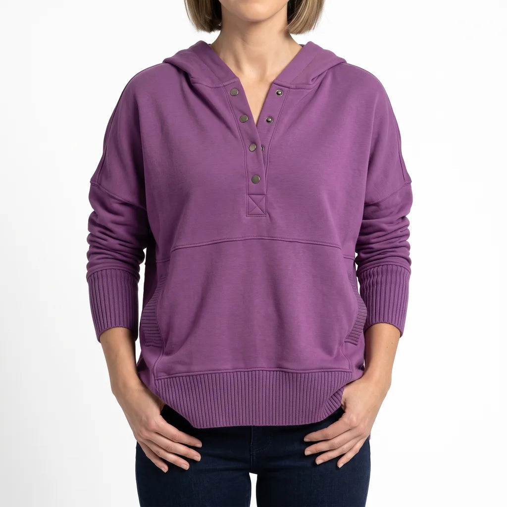 Women's Button Neck Pullover with Kangaroo Pocket - Purple