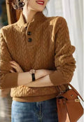 Women's Cable Pattern Sweater with Button Neck - Brown
