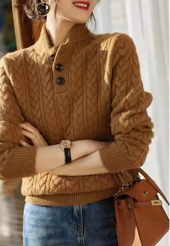 Women's Cable Pattern Sweater with Button Neck - Brown