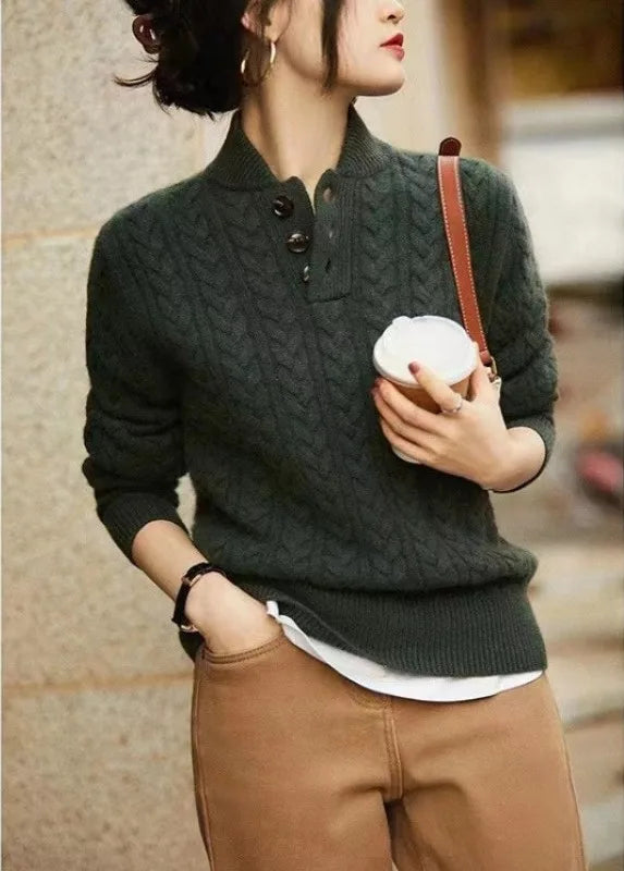 Women's Cable Pattern Sweater with Button Neck - Olive