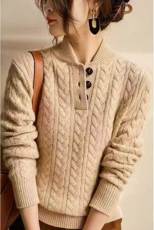Women's Cable Pattern Sweater with Button Neck - Khaki