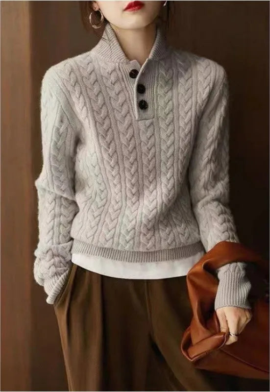 Women's Cable Pattern Sweater with Button Neck - Gray