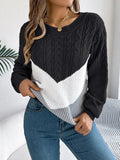 Women's Cable Pattern Sweater with Contrast Chevron Panel - Black