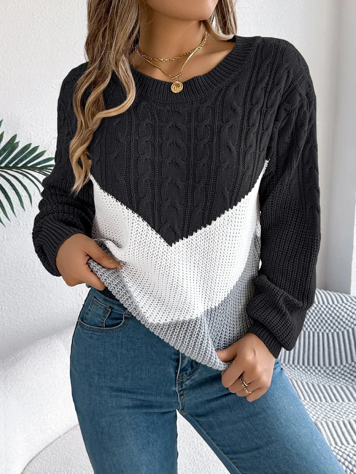Women's Cable Pattern Sweater with Contrast Chevron Panel - Black