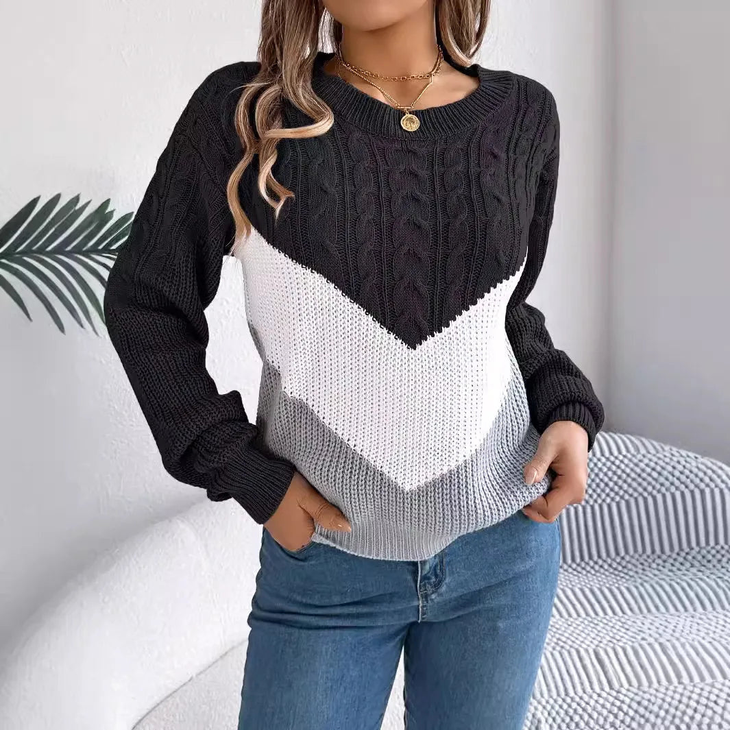 Women's Cable Pattern Sweater with Contrast Chevron Panel - Black