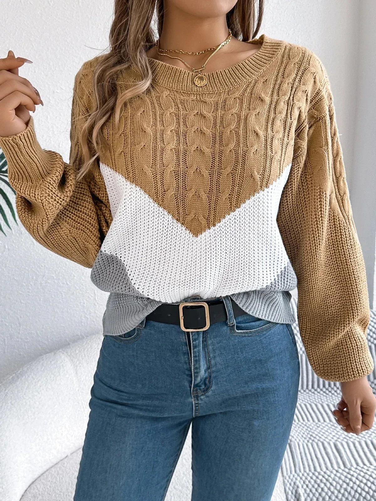 Women's Cable Pattern Sweater with Contrast Chevron Panel - Brown