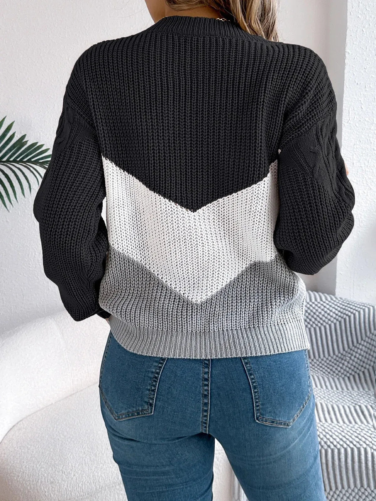 Women's Cable Pattern Sweater with Contrast Chevron Panel - Black