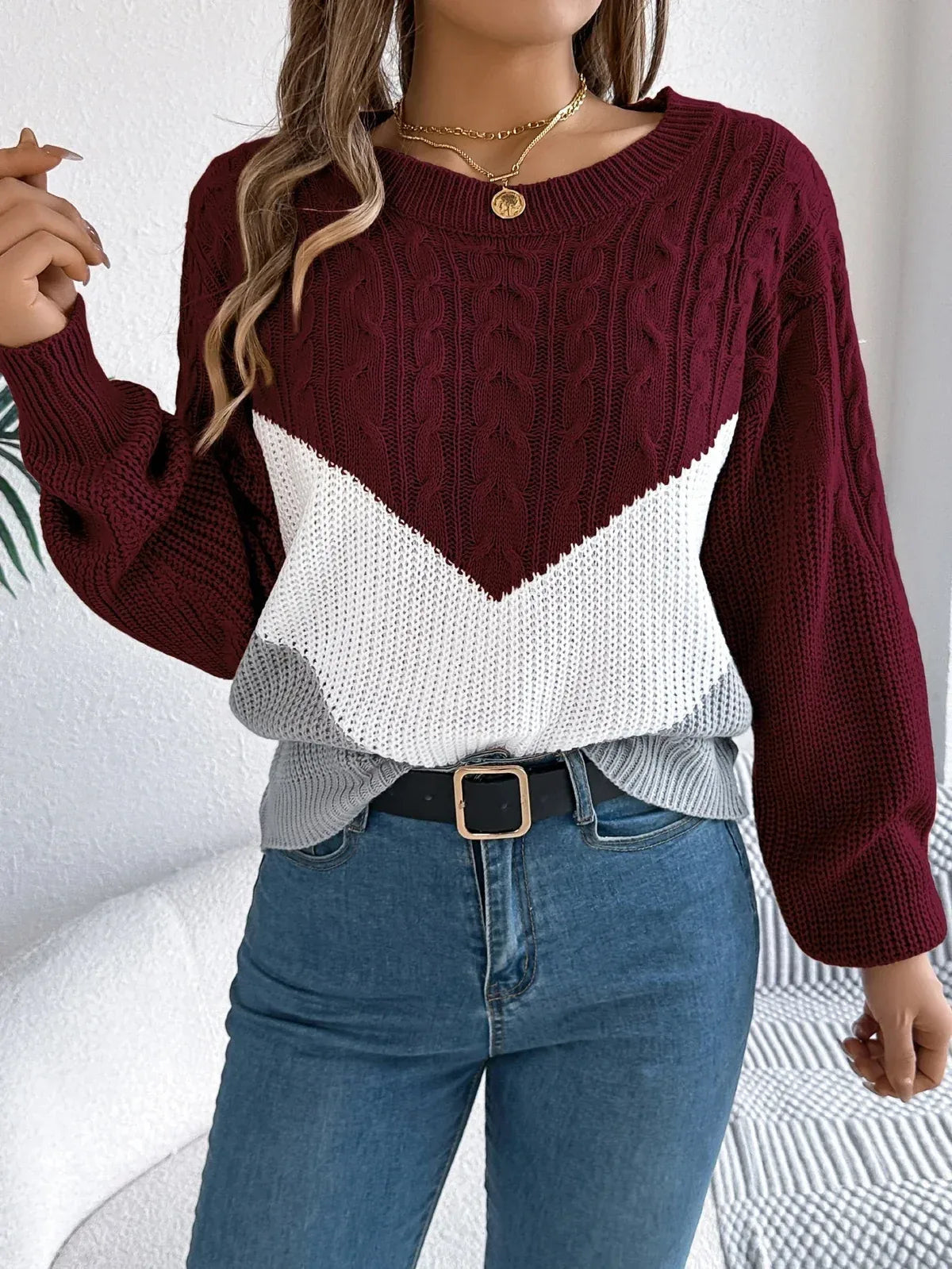 Women's Cable Pattern Sweater with Contrast Chevron Panel - Red