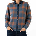 Women's Checked Button Cardigan with Contrast Collar - Blue/Orange