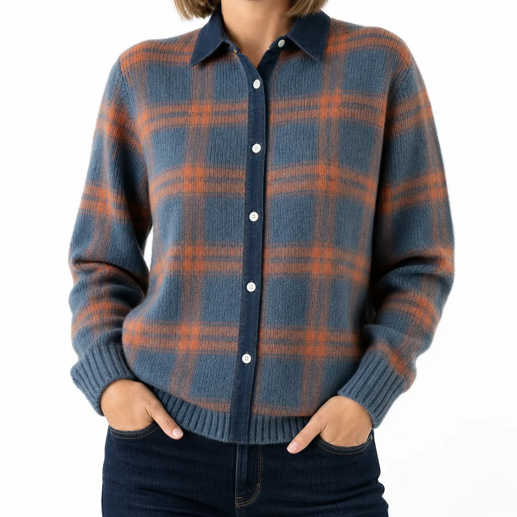 Women's Checked Button Cardigan with Contrast Collar - Blue/Orange