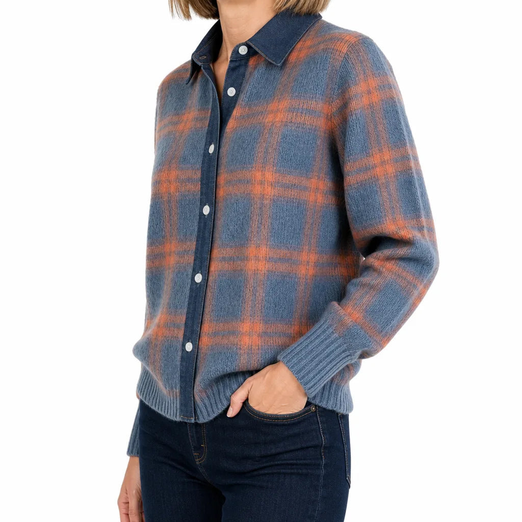 Women's Checked Button Cardigan with Contrast Collar - Blue/Orange