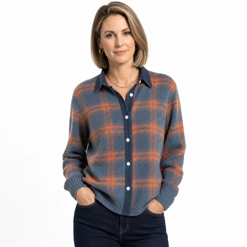 Women's Checked Button Cardigan with Contrast Collar - Blue/Orange