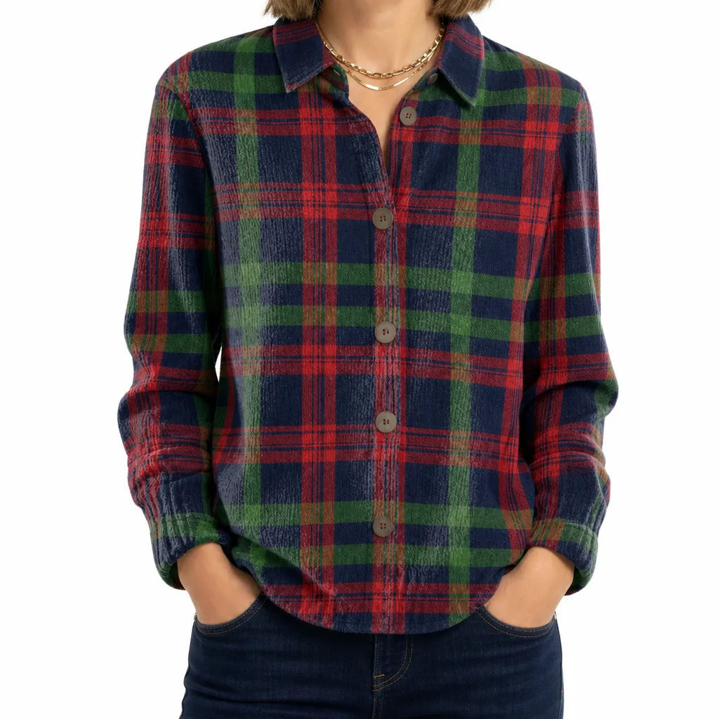 Women's Checked Button Cardigan with Contrast Collar - Red/Green