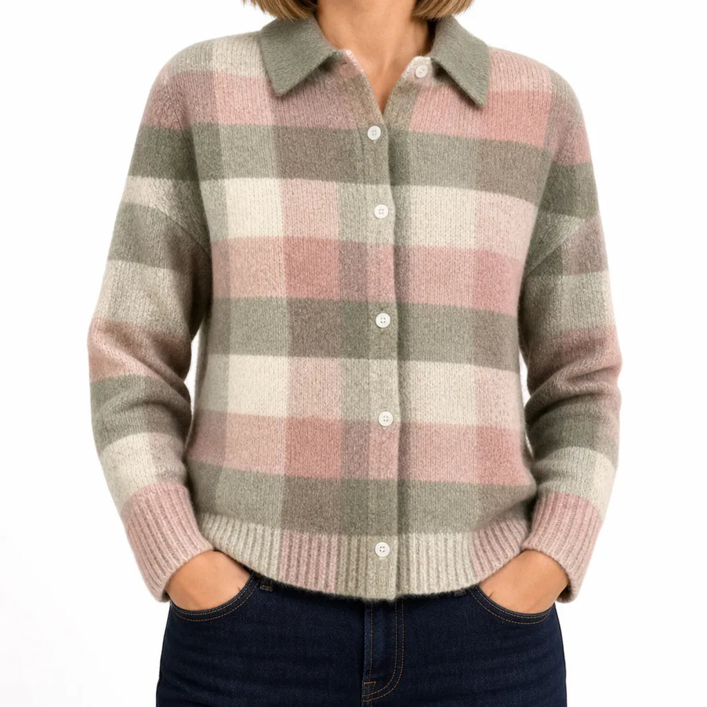 Women's Checked Button Cardigan with Contrast Collar - Pink/Gray