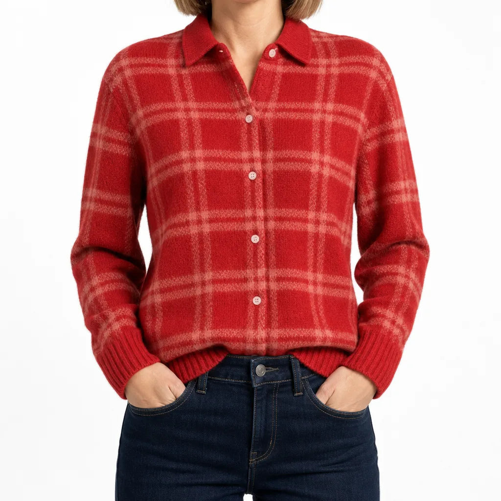 Women's Checked Button Cardigan with Contrast Collar - Red