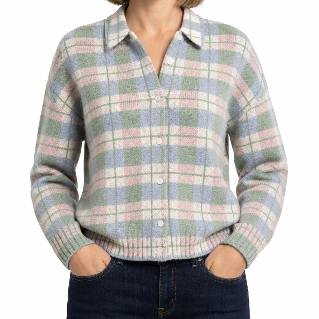 Women's Checked Button Cardigan with Contrast Collar - Pink/Green