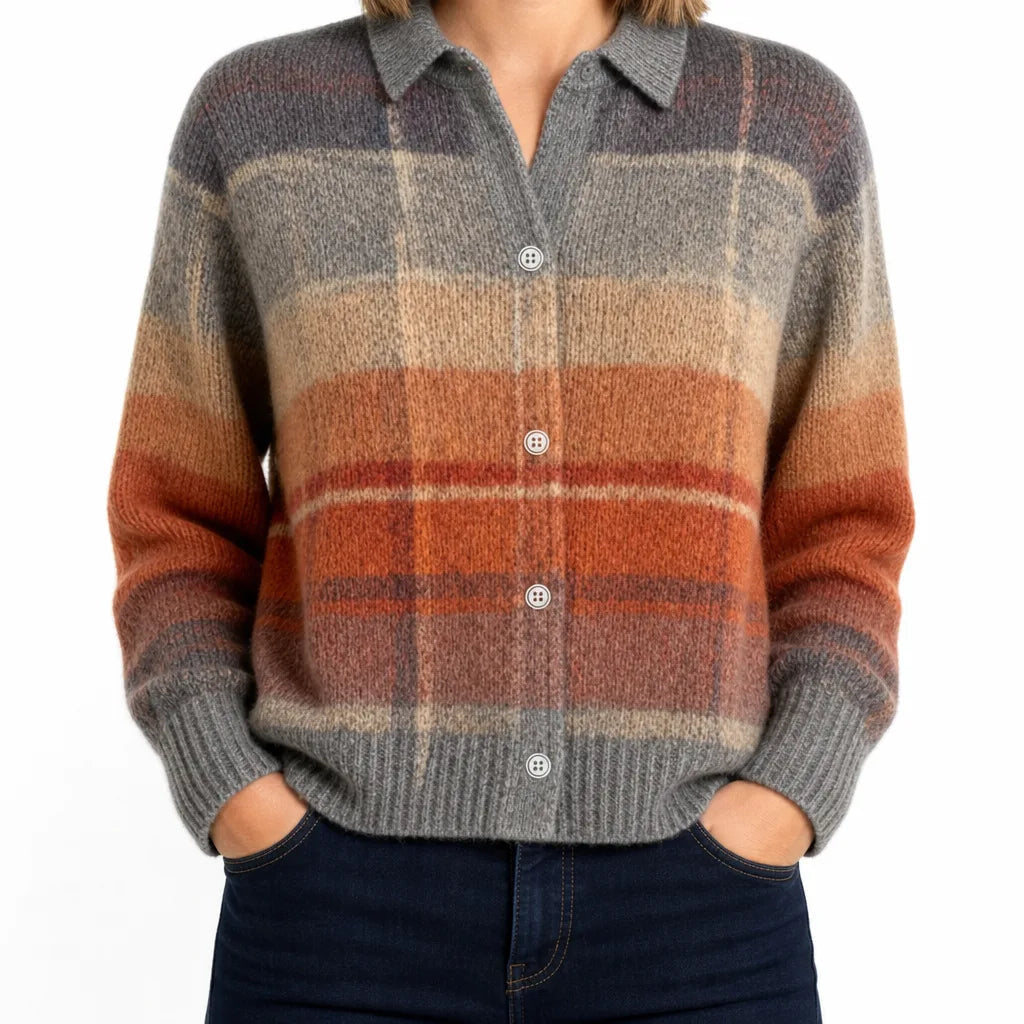 Women's Checked Button Cardigan with Contrast Collar - Gray/Orange