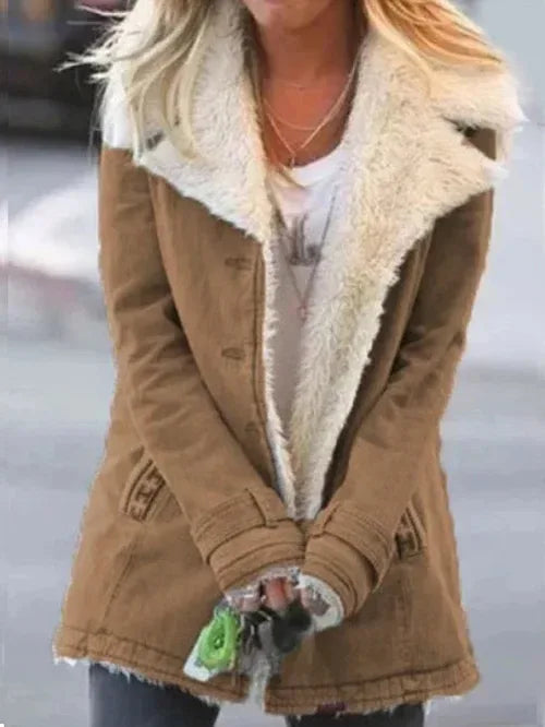 Women's Collared Zip Jacket with Contrast Inner Edge - Brown