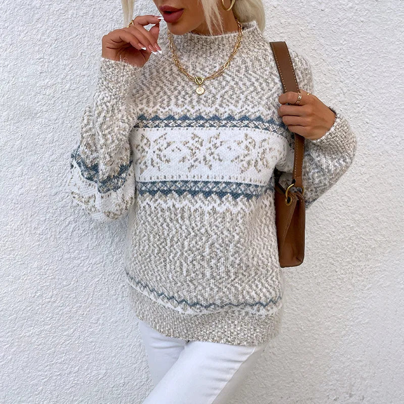 Women's Crewneck Sweater with Geometric Pattern Bands - Beige