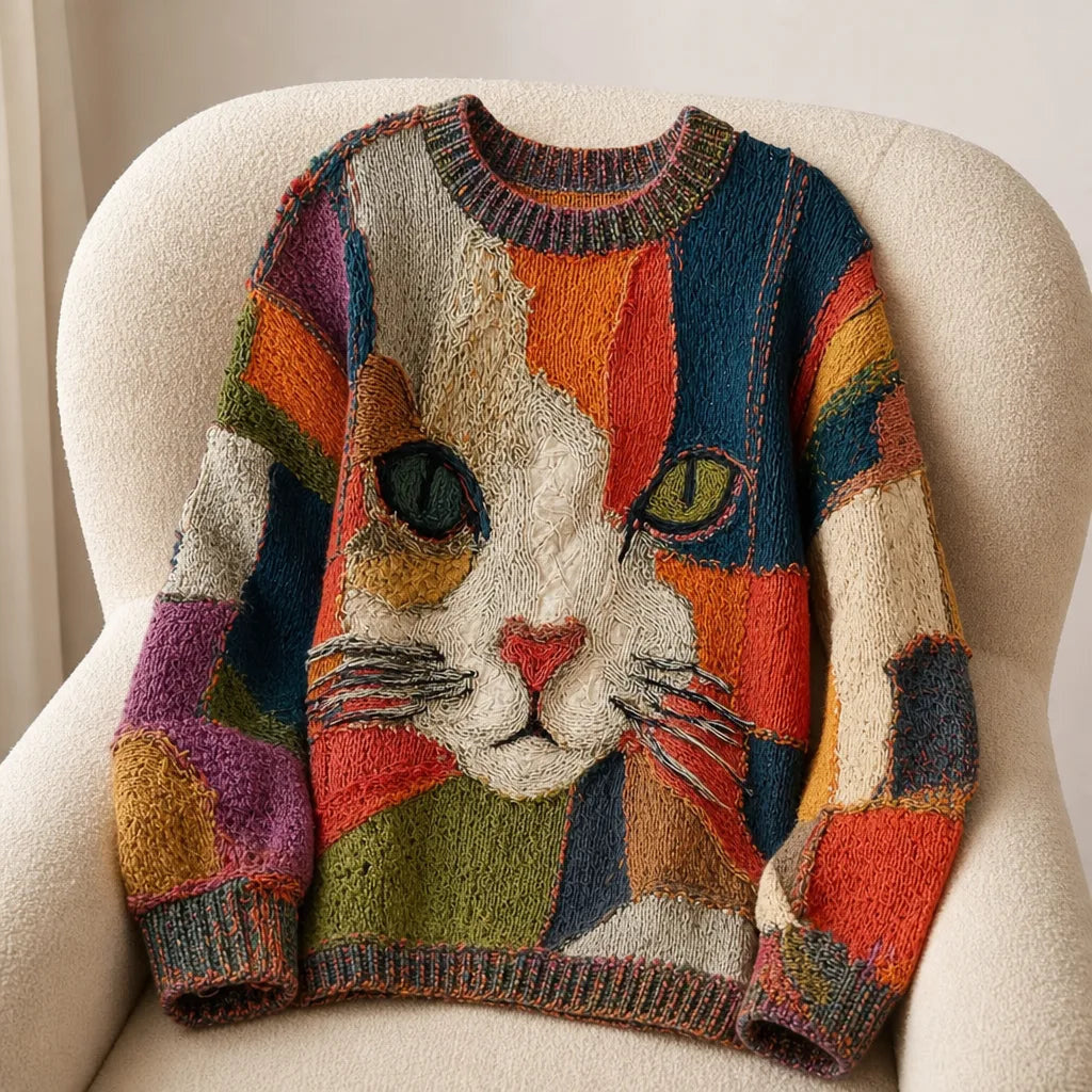 Women's Crewneck Sweater with Multicolor Cat Design - Multicolor