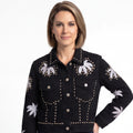 Women's Cropped Button Jacket with Floral Motifs - Black