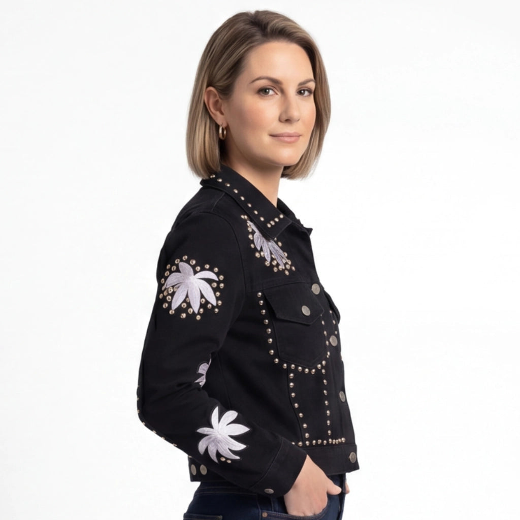 Women's Cropped Button Jacket with Floral Motifs - Black