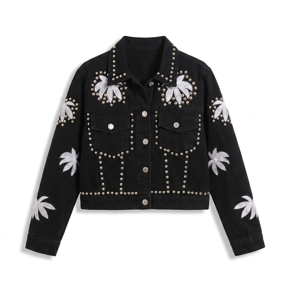 Women's Cropped Button Jacket with Floral Motifs - Black