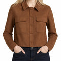 Women's Cropped Button Jacket with Single Chest Pocket - Brown