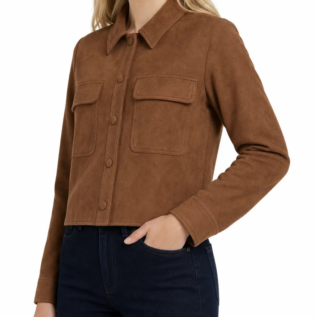Women's Cropped Button Jacket with Single Chest Pocket - Brown