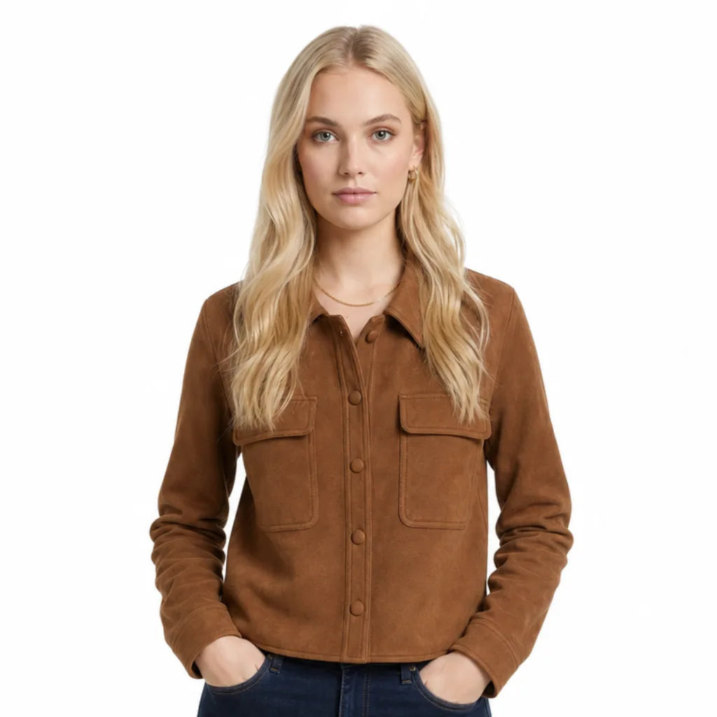 Women's Cropped Button Jacket with Single Chest Pocket - Brown