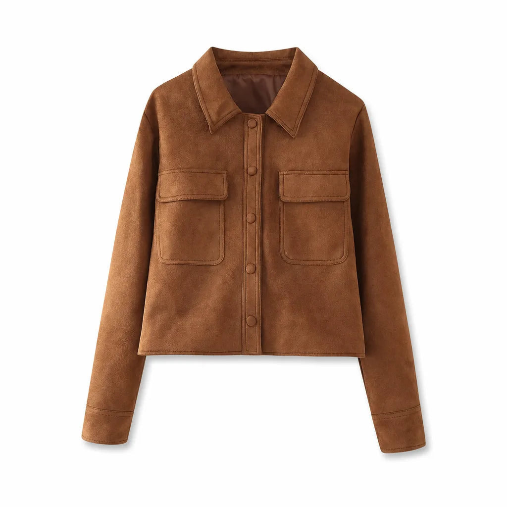 Women's Cropped Button Jacket with Single Chest Pocket - Brown