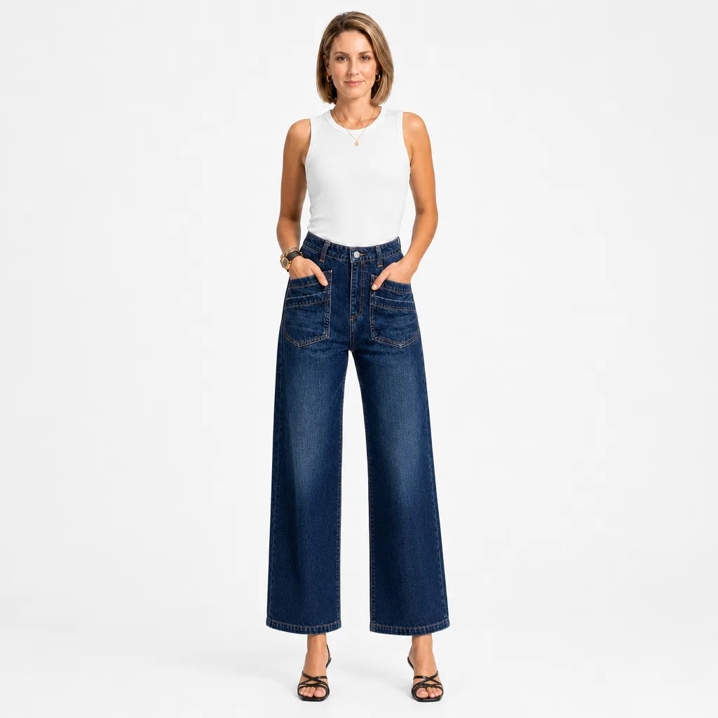 Women's Cropped Wide Leg Jeans with Large Front Pockets - Blue