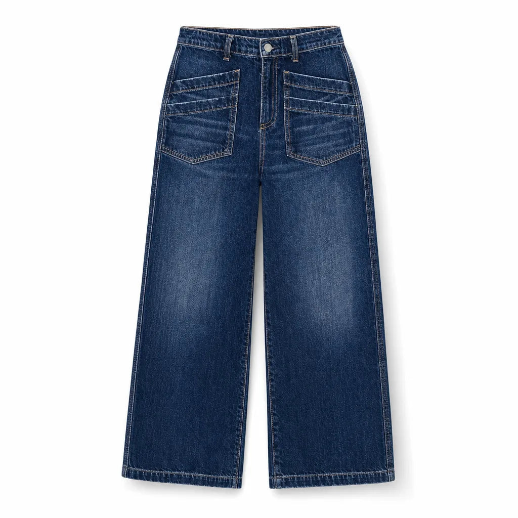 Women's Cropped Wide Leg Jeans with Large Front Pockets - Blue