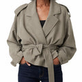 Women's Cropped Wrap Jacket with Broad Notched Lapels - Khaki