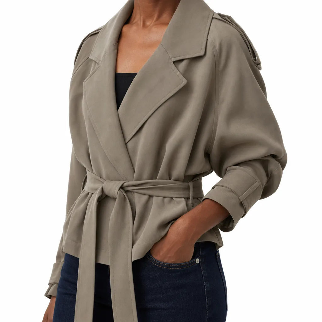 Women's Cropped Wrap Jacket with Broad Notched Lapels - Khaki