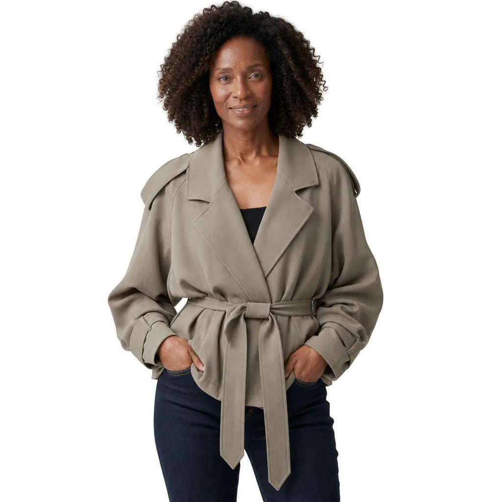 Women's Cropped Wrap Jacket with Broad Notched Lapels - Khaki