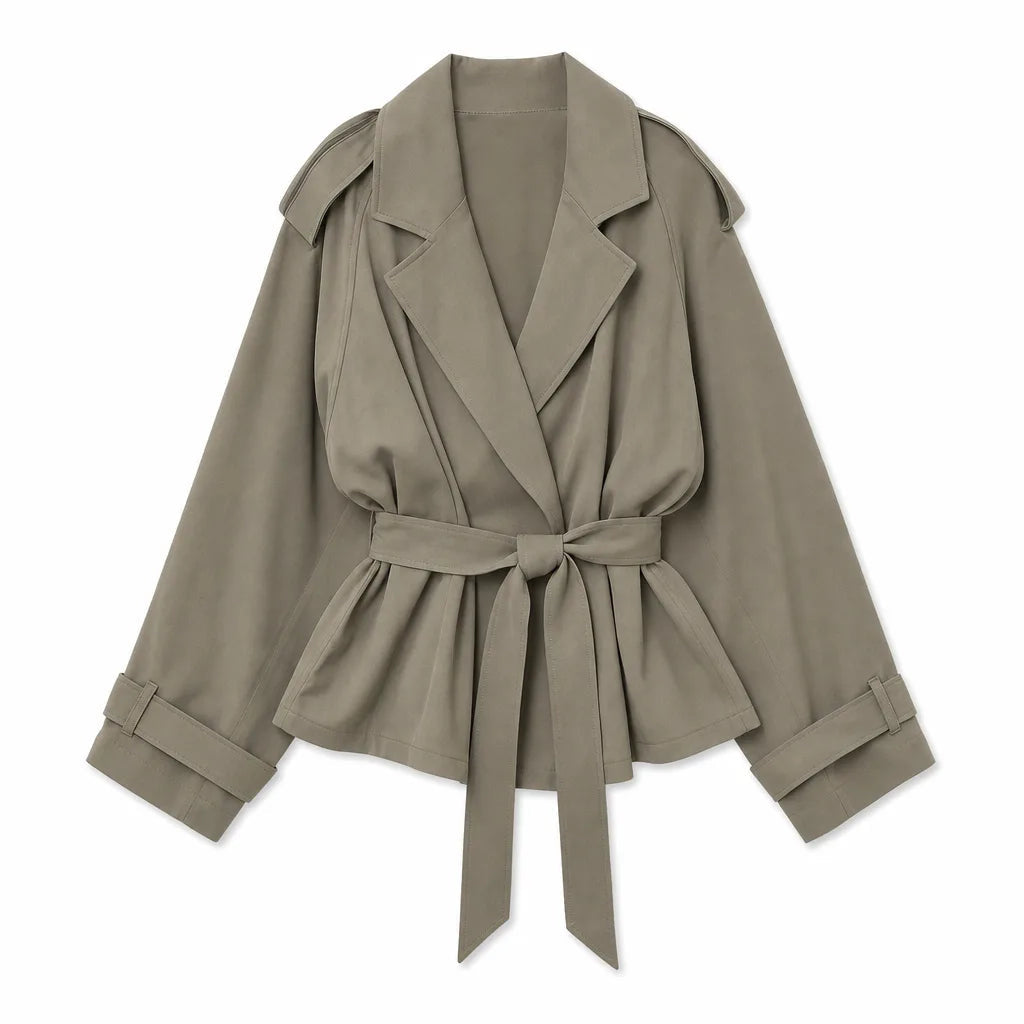 Women's Cropped Wrap Jacket with Broad Notched Lapels - Khaki