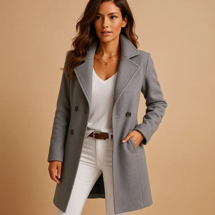 Women's Double Breasted Coat with Notched Lapels - Gray